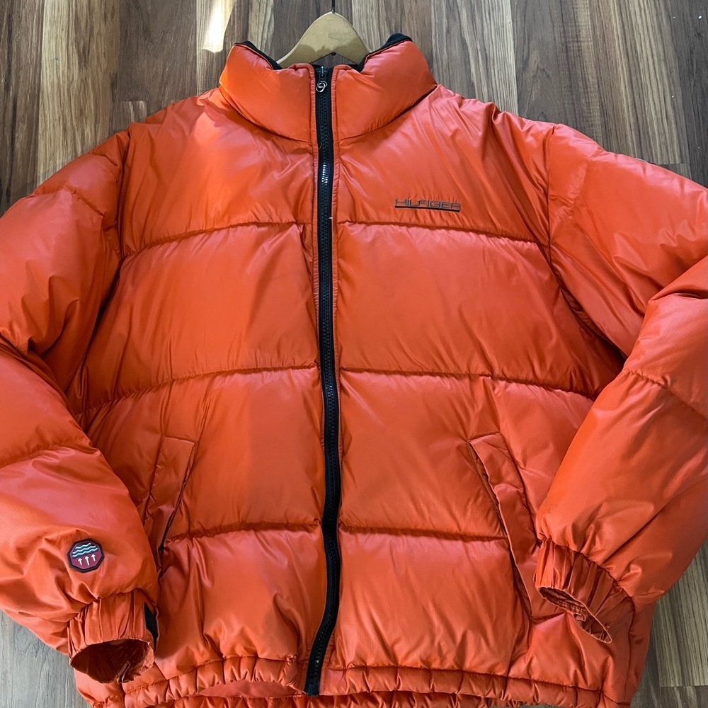 Vintage 90s Tommy Hilfiger Puffer Jacket Y2K orange, zipper front. Warm, down!
